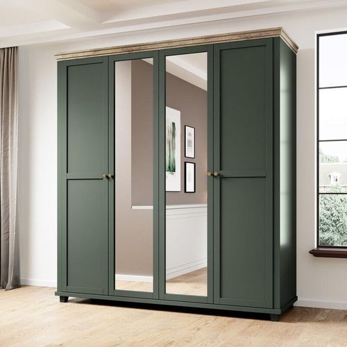 4066075033394 - Kleiderschrank Landhausstil 200 cm breit EPSOM-83 mit 2 Spiegeln 4 türig in grün mit Lefkas Eiche Nb B H T ca 200 216 62 cm - grün