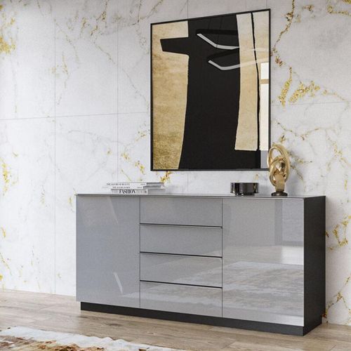 4066075019015 - Lomadox - Sideboard modern grau HOOVER-83 mit Glasfronten und Korpus in schwarz b h t ca 160 80 48 cm - grau