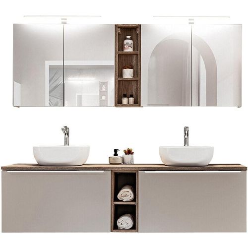 4066075061458 - Lomadox - Badmöbel 180cm Waschtisch Set PUEBLA-56-TAUPE in taupe mit Vintage Oak Eiche 2 Spiegelschränke b h t 1804 200 46 cm - beige