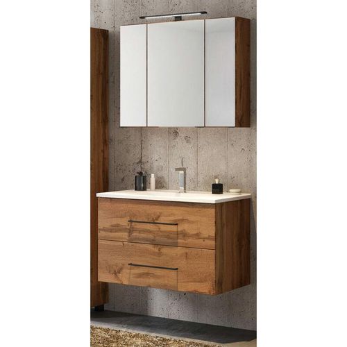 4251581541833 - Badezimmer Waschplatz Set MANLY-03 inkl 80 cm Waschbecken & LED-Spiegelschrank in Wotaneiche Nb B H T 80 195 47cm - braun