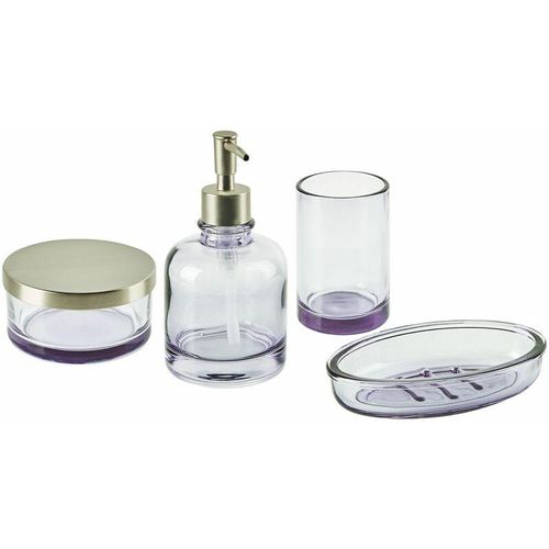 4251682281874 - 4-teiliges Badezimmer-Set Glas Violett Seifenspender Seifenschale Zahnbürstenhalter Becher Eleganter Moderner Stil Badzubehör für wc Toilette - Silber