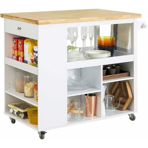 4251388611876 - Sobuy - FKW97-WN Design Küchenwagen Kücheninsel mit Klappe Küchenschrank mit Regalfächern Rollwagen Sideboard auf Rollen Küchentrolley Weiß-Natur bht