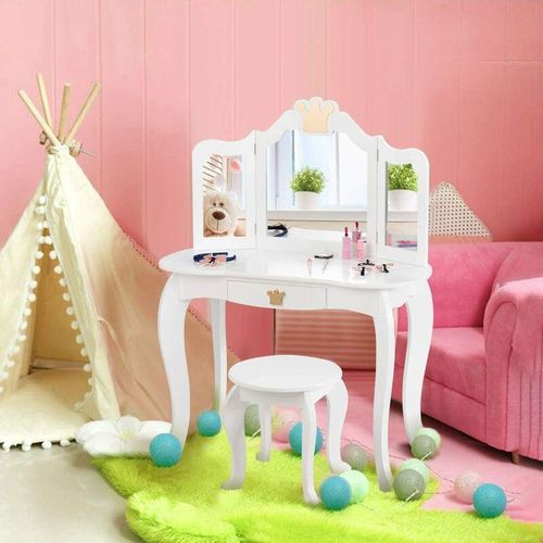 0617748478741 - Kinder Schminktisch mit Hocker und Abnehmbarer Spiegel Maedchen Frisiertisch Holz Kindertisch mit Schublade Spiegeltisch 80x42x105cm Weiss