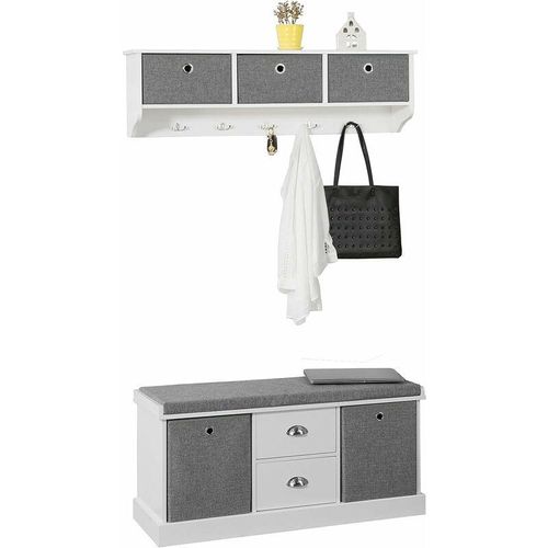 4251388620236 - Wandgarderobe-Set Flurset Flurmöbel Schuhbank mit Sitzfläche Flurgarderobe FSR66-HG+FRG282-W - Sobuy