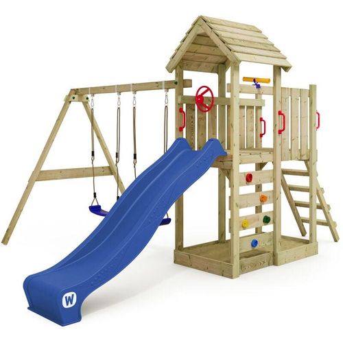 4250533907321 - Wickey - Spielturm Klettergerüst MultiFlyer Holzdach mit Schaukel & Rutsche Kletterturm mit Holzdach Sandkasten Leiter & Spiel-Zubehör - blau - 1