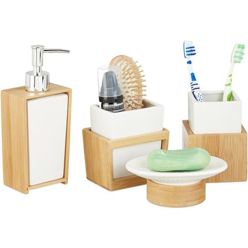 4052025222055 - Badezimmer Set 4-teiliges Badzubehör aus Keramik und Bambus Seifenspender und Zahnputzbecher natur-weiß - Relaxdays