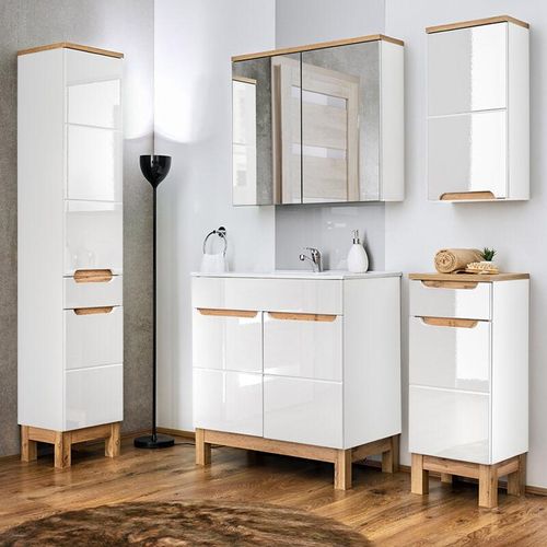 4251581512420 - Lomadox - Badmöbel Set 5-teilig 80 cm mit Keramik Waschbecken SOLNA-56 Hochglanz weiß inkl Standfüßen BxHxT ca 180 x 200 x 45 cm - weiß