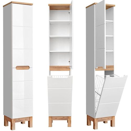 4251581575838 - Lomadox - Hochschrank mit Wäschekorb SOLNA-56 Hochglanz weiß mit Wotaneiche b x h x t ca 35 x 187 x 33cm - weiß