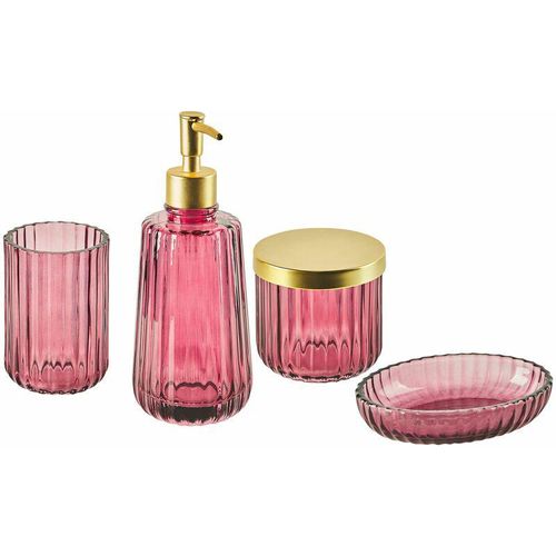 4251682281935 - Beliani - Badezimmer-Set Rosa Glas 4-teilig Seifenspender Seifenschale Zahnbürstenhalter Becher Eleganter Moderner Stil Badzubehör für wc Toilette