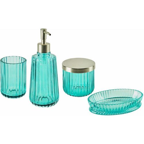 4251682281928 - Beliani - 4-teiliges Badezimmer-Set Glas Türkis Seifenspender Seifenschale Zahnbürstenhalter Becher Eleganter Moderner Stil Badzubehör für wc Toilette