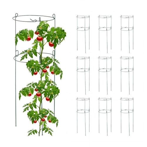 4052025446413 - Relaxdays Rankhilfe 10er Set Metall runde Pflanzenstütze Tomaten & Gurken HxD 76x26 cm 2 Ringe Gurkenturm grün