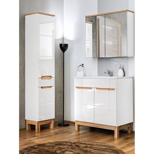 4251581512284 - Lomadox - Badmöbel Set 3-teilig inkl Keramik-Waschbecken 60 cm SOLNA-56 Hochglanz weiß inkl Standfüßen BxHxT ca 110 x 200 x 45 cm - weiß