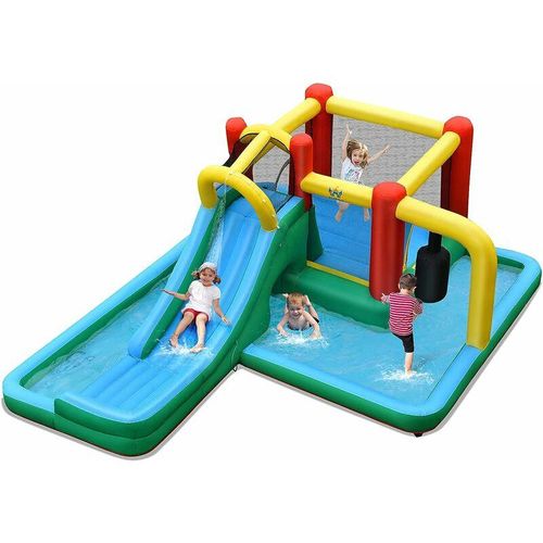 0661706084390 - Hüpfburg aufblasbar Wasserrutsche Spielpool Springburg mit Rutsche Kletterwand Tunnel Pendel Planschbecken Wasserpark 470x370x190cm - Costway