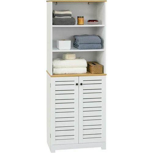 4251388614839 - BZR44-W Badezimmer Hochschrank Badschrank Aufbewahrungsschrank Badezimmerschrank mit 3 Fächern und 2 Lamellentür Bücherregal Küchenschrank Weiß-Natur