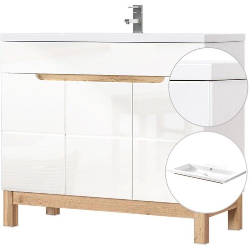 4251581575654 - Lomadox - Waschtischunterschrank inkl 100 cm Keramikbecken SOLNA-56 Hochglanz weiß Wotaneiche b x h x t ca 100 x 85 x 46cm - weiß