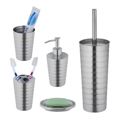 4052025388584 - Badezimmer Set 5-teilig Badaccessoires Edelstahl poliert komplette Badezimmerausstattung modern silber - Relaxdays