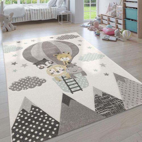 4061981069994 - Kinderzimmer Teppich Blau Grau Heißluftballon Wolken Tiere 3-D Design Pastell 133 cm Quadrat - Paco Home