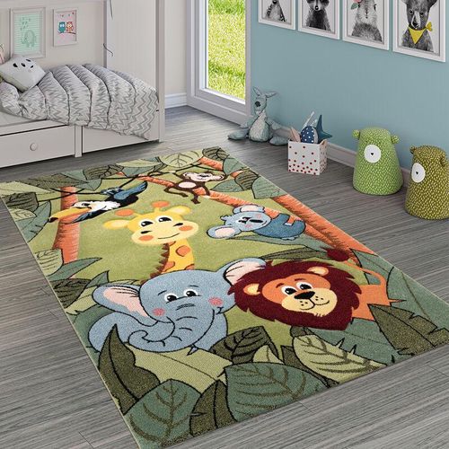 4061981002052 - Kinderteppich Kinderzimmer Dschungel Tiere Giraffe Löwe Affe Nilpferd Grün 140x200 cm - Paco Home