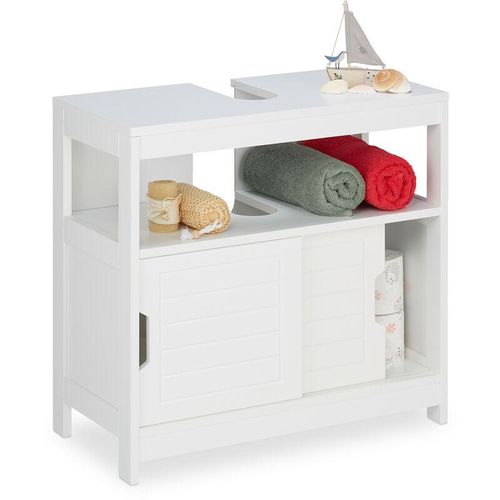 4052025321840 - Waschbeckenunterschrank 2 Fächer Schiebetüren Siphon-Ausschnitt Badunterschrank hbt 605x60x30cm weiß - Relaxdays