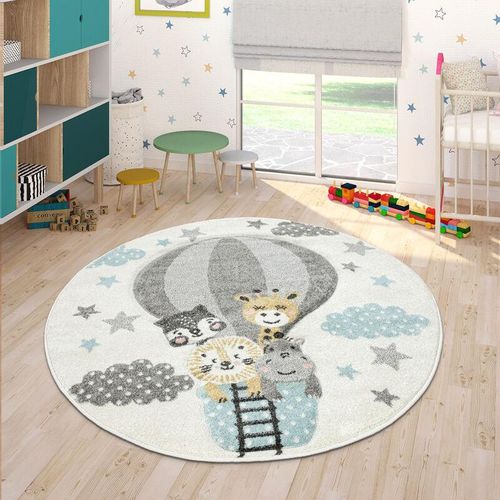 4061981093777 - Kinderzimmer Teppich Blau Grau Heißluftballon Wolken Tiere 3-D Design Pastell ø 160 cm Rund - Paco Home