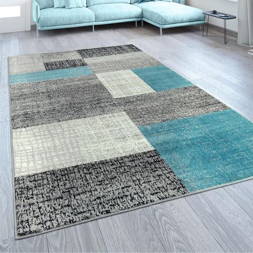 4061981005923 - Wohnzimmer Teppich Modern Kurzflor Karo Design Used Look Türkis Grau Weiß 80x150 cm - Paco Home