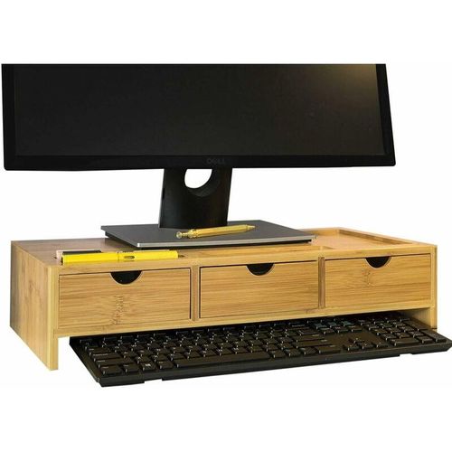 4251388608654 - BBF03-N Monitorerhöhung Monitorständer Bildschirmständer Schreibtischaufsatz mit Fächern und 3 Schubladen Bambus bht ca 51x115x25cm - Sobuy