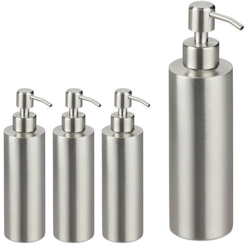 4052025366247 - Relaxdays - 4 x Seifenspender nachfüllbar Bad wc Küche Pump Flüssigseifenspender gebürsteter Edelstahl 300 ml silber