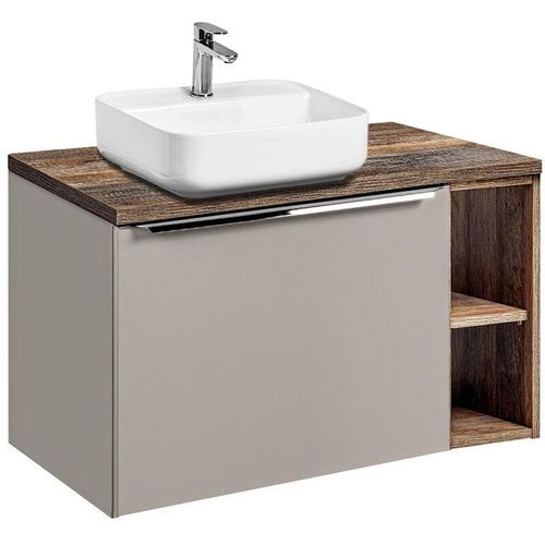 4066075064404 - Waschtischunterschrank 80cm mit Regal & Keramikbecken PUEBLA-56-TAUPE in taupe mit Vintage Oak B H T ca 804 625 46 cm - beige