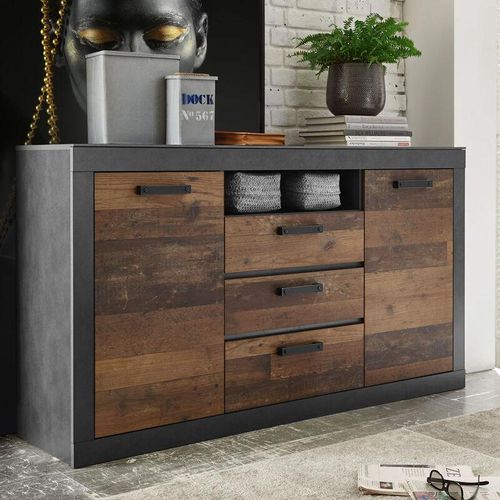 4251581573407 - Lomadox - Industrial-Design Sideboard BERLIN-61 in Old Mix Dekor mit Matera grau b h t ca 153 87 43 cm - grau