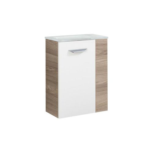 4260527900771 - Luxor sbc Gäste-WC Set 2 Teile – Waschtischunterschrank in Weiß mit Holz Braun mit Waschbecken aus Glas in Weiß – Waschbeckenunterschrank schmal –