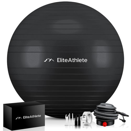 4260696120413 - EliteAthlete® Gymnastikball Sitzball Büro ergonomisch mit Anti Burst System - Fitness Yoga Pilates Schwangerschaft - Schwangerschaftsball Fitnessball Yogaball - Yoga Ball inkl Luftpumpe - Black 75cm