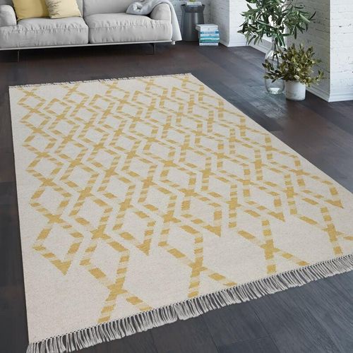 4061981120428 - Teppich Wohnzimmer Boho Stil Fransen Handgewebt Woll-Baumwoll Gemisch Gelb Creme 60x110 cm - Paco Home 4061981120428 - Teppich Wohnzimmer Boho Stil Fransen Handgewebt Woll-Baumwoll Gemisch Gelb Creme 60x110 cm - Paco Home