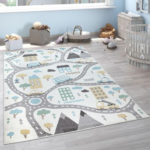 4061981174865 - Kinderteppich Teppich Kinderzimmer Spielteppich Pastell Autos Creme Petrol Grau 80x150 cm - Paco Home