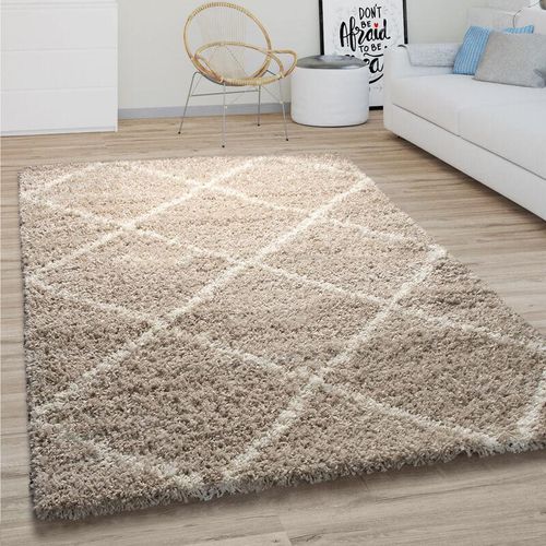 4061981132544 - Hochflor Teppich Wohnzimmer Shaggy Skandinavisches Rauten Muster Modern In Beige ø 120 cm Rund - Paco Home