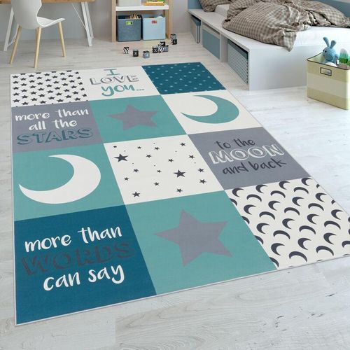 4061981048531 - Kinderteppich Kinderzimmer Jungen Herzen Sterne Mond Spruch Blau Grau 120x160 cm - Paco Home