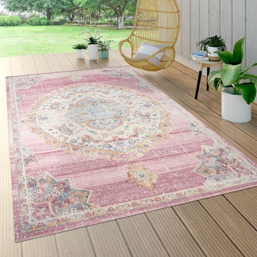 4061981219672 - Paco Home - Outdoor Teppich Wetterfest Balkon Küche Orient Muster Modern Bordüre Pink Blau 160 cm Rund