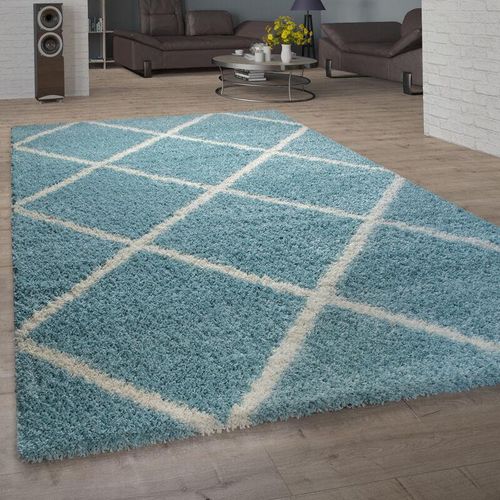 4061981128325 - Teppich Wohnzimmer Hochflor Shaggy Skandi Design Mit Rauten Muster Modern In Türkis ø 200 cm Rund - Paco Home