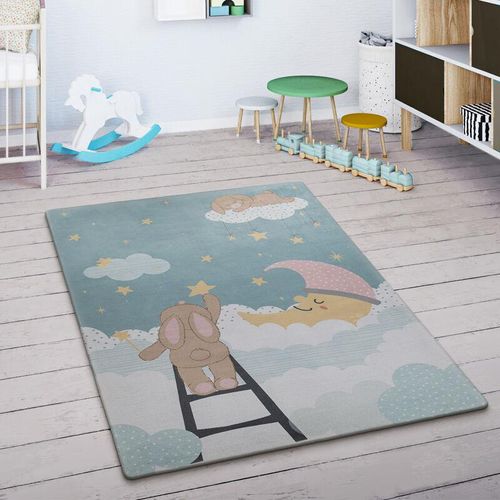 4061981195532 - Paco Home Kinderteppich Kinderzimmer Teppich Spielmatte Sterne Wolken Mond Hase Türkis Creme 120 cm Rund