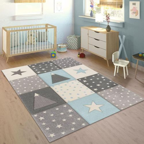 4061981032646 - Kinderteppich Teppich Kinderzimmer Pastell Kariert Punkte Mond Sterne Weiß Grau Blau 120x170 cm - Paco Home