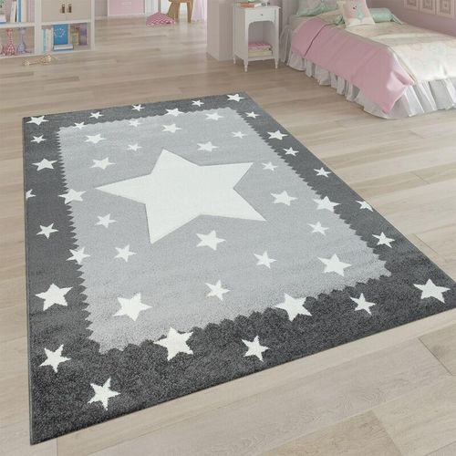 4061981067914 - Kinderteppich Grau Weiß Kinderzimmer 3-D Bordüre Sternen Design Weich Robust 140x200 cm - Paco Home