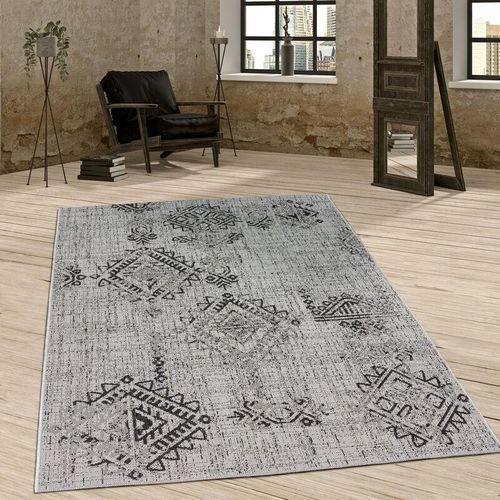 4250857588282 - In- & Outdoor Teppich Vintage Design Rautenmuster Flachgewebt In Grau 80x200 cm - Paco Home