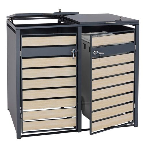 4057651910338 - 2er Mülltonnenverkleidung MCW-J81 Mülltonnenbox erweiterbar Metall 50kg anthrazit ~ Buche-Holzoptik hellbraun 4057651910338 - 2er Mülltonnenverkleidung MCW-J81 Mülltonnenbox erweiterbar Metall 50kg anthrazit ~ Buche-Holzoptik hellbraun