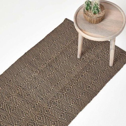 5055967436565 - HOMESCAPES Handgewebter schwarzer Jute-Teppich mit geometrischem Muster 66 x 200 cm - Schwarz Natur