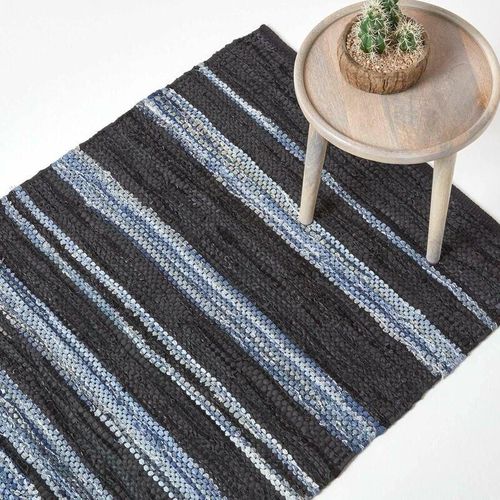 5055967459373 - HOMESCAPES Webteppich Texas aus Leder und Jeansstoff in Blau 90 x 150 cm - Blau