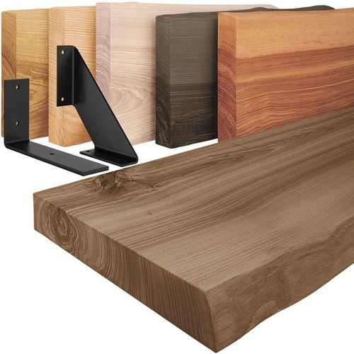 4064755170315 - Lamomanufaktur - lamo Manufaktur Wandregal Holz Baumkante Regal Farbe Nussbaum mit weißem Basic Regalträger 100 cm