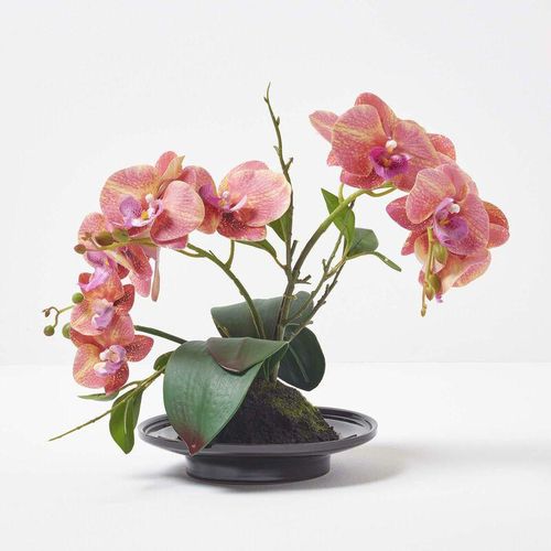 5056280712497 - HOMESCAPES Künstliche pfirsichfarbene Phalaenopsis-Orchidee im schwarzen Keramik-Topf 32 cm - Pfirsich