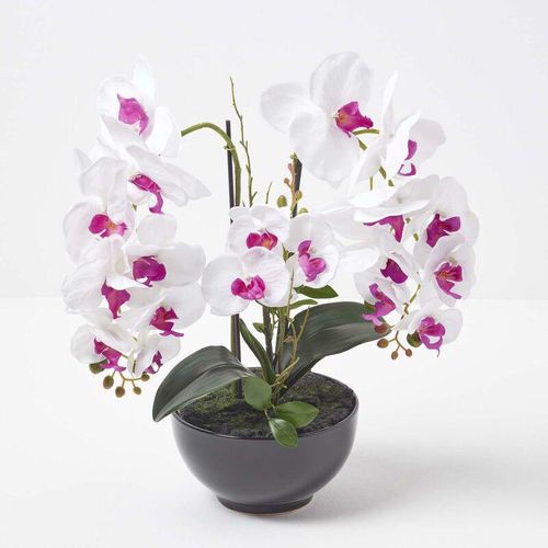 5056280712619 - Künstliche weiß-pinke Phalaenopsis-Orchidee im schwarzen Keramik-Topf 56 cm - Weiß - Homescapes