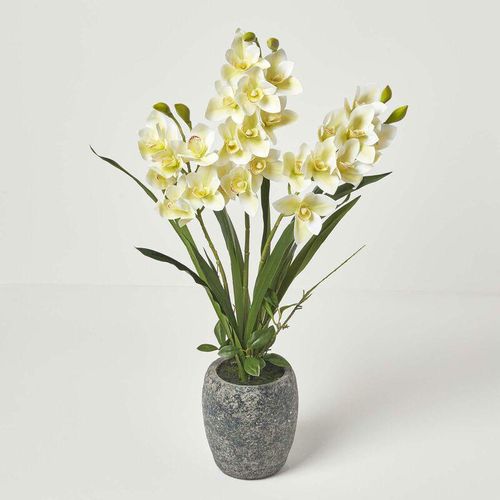 5056280712664 - Künstliche weiß-grüne Orchidee im dunkelgrauen Zement-Topf 82 cm - Weiß-Grün - Homescapes