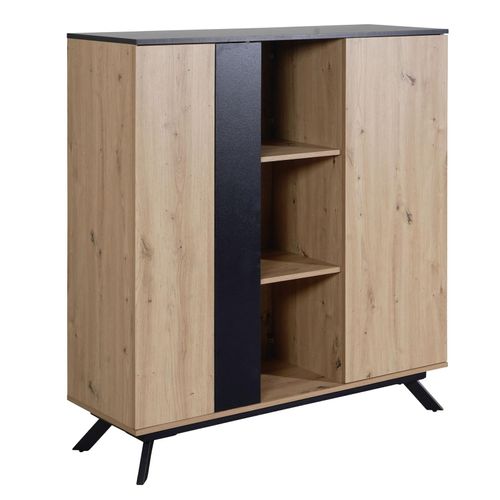 4251757712173 - Highboard 110x125x40 cm MDF Sideboard in Eiche-Dekor   Schwarz Kommode mit 2 Türen Kommodenschrank mit Regal Flurschrank Modern