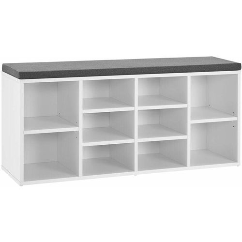 4260565526407 - Schuhregal Holz mit Polsterung Stoff & 10 Fächern höhenverstellbar 104x30x48 cm - Regal mit Sitzbank bis 150 kg - Weiß   Grau - Juskys